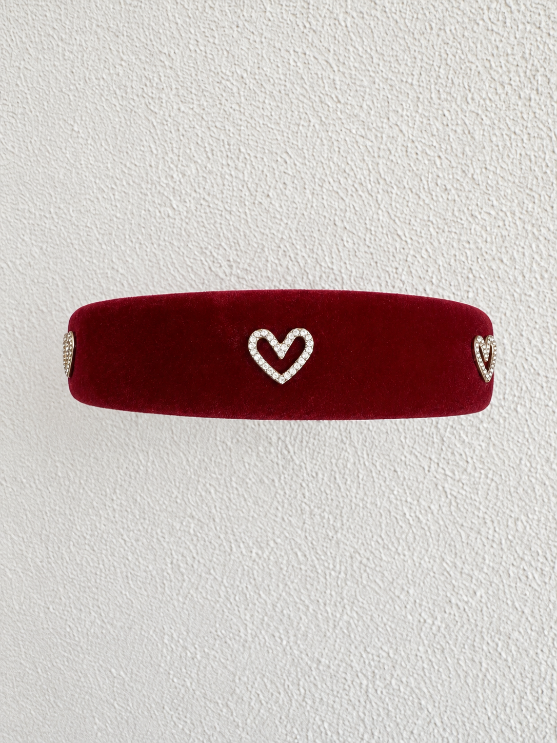 Juliana Marcs velvet crystal heart headband in burgundy
